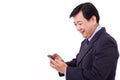 Happy businessman with smartphone application