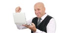 Happy Businessman Smile Reading Good Financial News on the Laptop Gesturing Surprised, Winner Gestures Concept