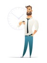 Happy businessman standing. Near big clock icon. Concept of time management. Man looks at a wristwatch. Cartoon vector