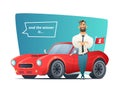 Happy businessman standing near the sport car. Man winner and his sports car. Vector illustration
