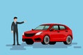 A happy businessman is standing and present his red car that parked on the street. Royalty Free Stock Photo