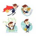 Happy businessman throwing money,flying , eating sandwich and drinking coffee.