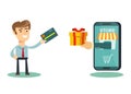 Happy businessman use credit card to shopping online and receive a gift box from smart phone. Royalty Free Stock Photo