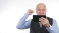 Happy Businessman Use Tablet Read Good Financial News Make Victory Hand Gestures