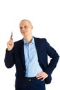 Happy Businessman using a pen, writing on invicible board, showing or presenting something. Isolated over white Royalty Free Stock Photo