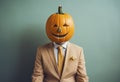 Happy businessman wearing a carved pumpkin mask. Royalty Free Stock Photo