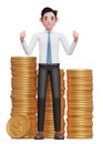 Happy businessman in white shirt blue tie getting lots of piles of gold coins Royalty Free Stock Photo