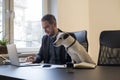 happy businessman working on laptop in office sitting next to dog with a tie Royalty Free Stock Photo