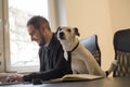 happy businessman working on laptop in office sitting next to dog with a tie Royalty Free Stock Photo