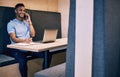 Happy businessman, writing and phone call with book for notes, discussion or ideas in cubicle at office. Man or creative Royalty Free Stock Photo
