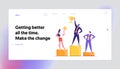 Happy Businessmen Standing on the Winning Podium with Award Landing Page Web Banner. Super Businessman