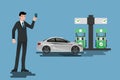 Happy businessmen use his credit card and refuel his car at a clean and eco-gas station. Royalty Free Stock Photo