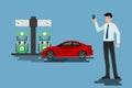 Happy businessmen use his credit card and refuel his car at a clean and eco-gas station. Royalty Free Stock Photo