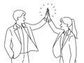 Smiling businesspeople give high five