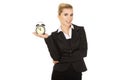 Happy businesswoman with alarm clock Royalty Free Stock Photo