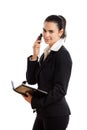 Happy businesswoman calling on phone isolated