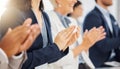 Happy businesswoman clapping hands for presentation during a meeting in an office boardroom with colleagues. Diverse Royalty Free Stock Photo