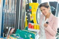 Happy businesswoman holding eight billiard ball Royalty Free Stock Photo