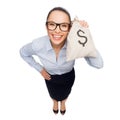 Happy businesswoman holding money bag with dollar Royalty Free Stock Photo