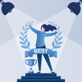 Happy businesswoman inside of award wreath with ribbon. Successful results concept template