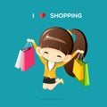 Happy businesswoman jumping in the air with shopping bag in her hands.I love shopping concept
