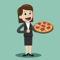 Happy businesswoman or manager plan to have a lunch with pizza. Italianfood. Lunch or junk food concept. Vector