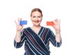 happy businesswoman presenting empty colorful business cards Royalty Free Stock Photo