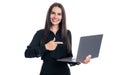 Happy businesswoman professional woman businessperson manager pointing finger at laptop Royalty Free Stock Photo