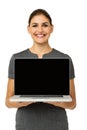 Happy Businesswoman Promoting Laptop