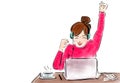 Happy businesswoman with raised in yes gesture hand reading letter at desk in front of laptop. Royalty Free Stock Photo