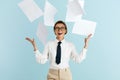 Happy Businesswoman Rejoicing Isolated. Woman With Pile of Papers Flying on Air Royalty Free Stock Photo