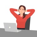 Happy businesswoman relax in chair in office distracted from computer work. Smiling female employee take nap daydream at desk at