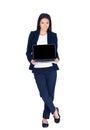 Happy businesswoman showing blank laptop screen Royalty Free Stock Photo