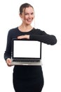 Happy businesswoman showing blank laptop screen Royalty Free Stock Photo