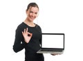 Happy businesswoman showing blank laptop screen Royalty Free Stock Photo