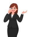 Happy businesswoman speaking on the phone gesturing hand to copy space. Telecommunication, technology and mobile or smartphone.