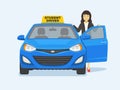 Happy businesswoman or student leaning on the car door. Female driver front view.