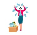 Happy businesswoman throwing papers, celebrating success at office. Excited female employee with documents flying around