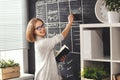 Happy businesswoman woman at school board with schedule planning Royalty Free Stock Photo