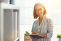 Happy businesswoman woman at school board with schedule planning Royalty Free Stock Photo