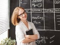 Happy businesswoman woman at school board with schedule planning Royalty Free Stock Photo