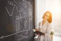 Happy businesswoman woman at school board with schedule planning Royalty Free Stock Photo