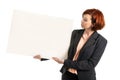 Happy busy business woman holding blank cardboard sign copy space Royalty Free Stock Photo