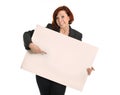 Happy busy business woman holding cardboard sign as copy space Royalty Free Stock Photo