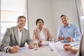 Happy busy executive team diverse having business meeting, onboarding interview. Royalty Free Stock Photo