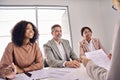 Happy busy lawyers hr office team having business work meeting or interview. Royalty Free Stock Photo