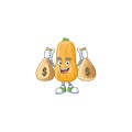 Happy butternut squash cartoon character with two money bags