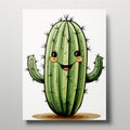 Happy Cactus Poster Illustration In Traditional Oil Painting Style