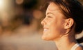 Happy, calm and face of a woman at the beach to relax, breathe and free the mind in Thailand. Freedom, smile and girl in