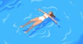 Happy calm woman floating, lying on water surface. Young girl in bikini swimming on back in sea, blue aqua. Serene Royalty Free Stock Photo